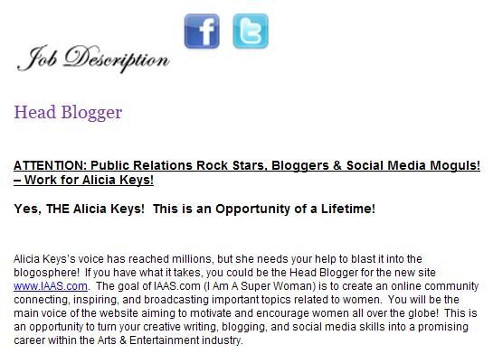 Yes Alicia Keys the talented multiaward singer songwriter is hiring a 