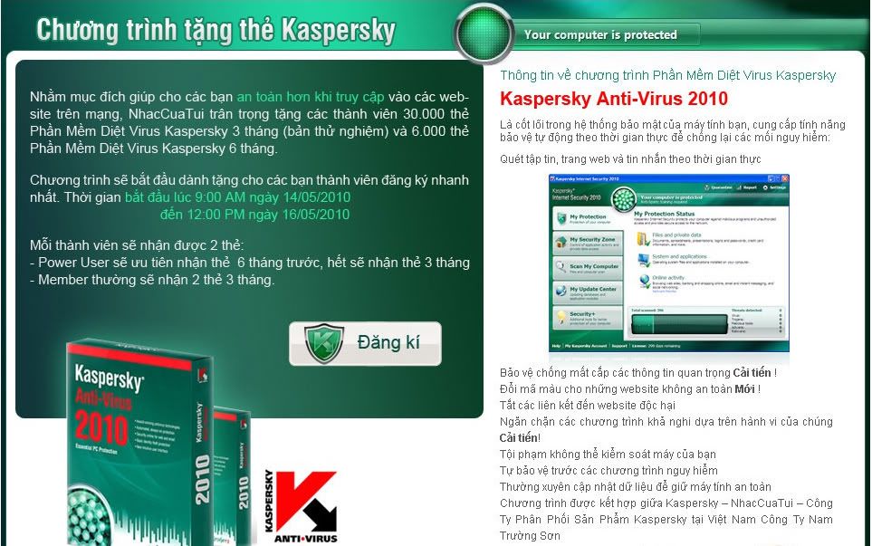 Chương trình tặng 36.000 bản quyền Kaspersky 2010 (chỉ trong 2 ngày) - www.TAICHINH2A.COM