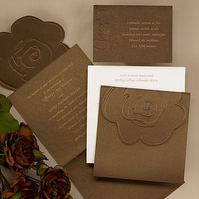 Brown and Gold Embossed Flower Invitations 
