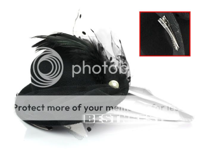 Black Feather Lace Mesh Pearl Hair Clip Mini Top Hat Fancy Dress Party Cosplay